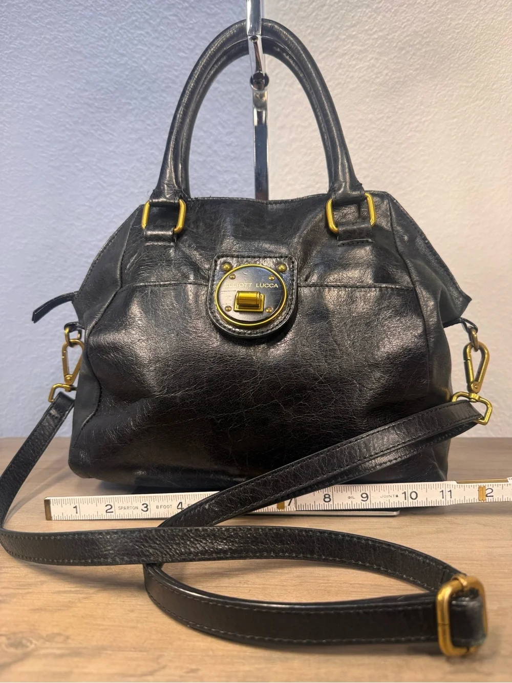 Elliott Lucca Black Leather Satchel Crossbody Gold Turn Lock Shoulder Bag